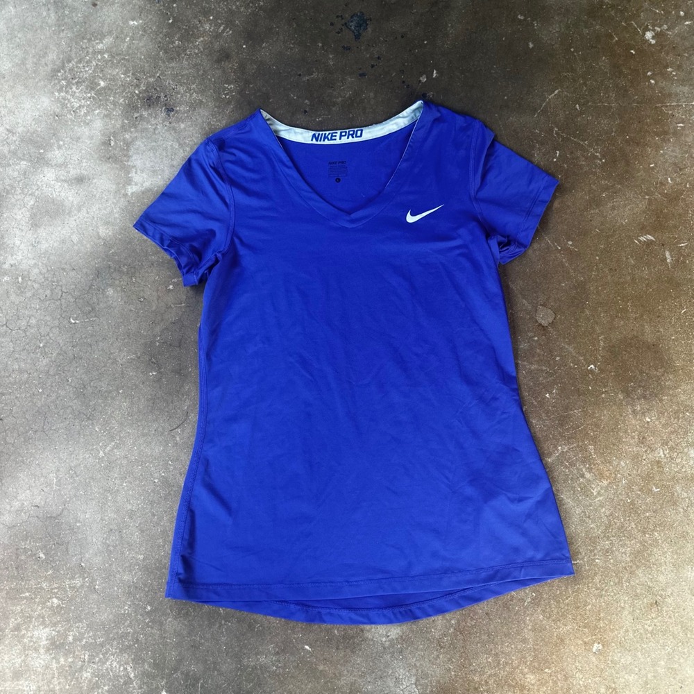 Nike Pro Dri-FIT V-Neck Shirt Womens Large Blue Excellent Short Sleeve Athletic